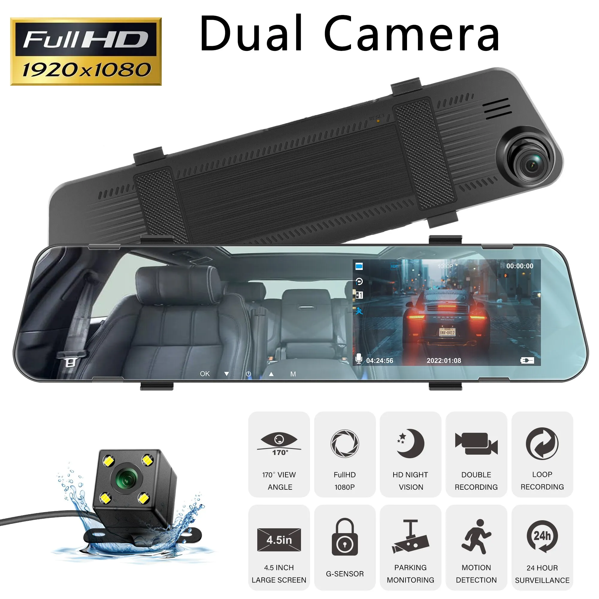 4 5In Mirror Recorder HD 1080P Mirror Car Dash Cam Dual Lens Video Black Box Car.jpg